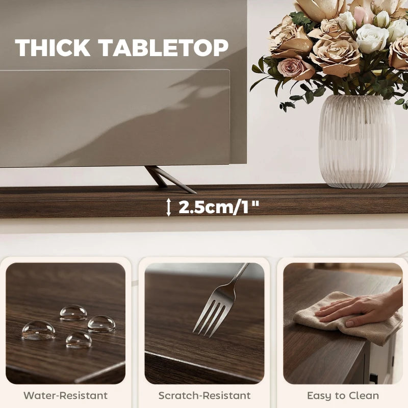 Thick dark tabletop on white TV console, water- and scratch-resistant surface.