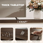 Thick dark tabletop on white TV console, water- and scratch-resistant surface.