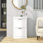 White two-drawer shoe cabinet with panel doors and black bar handles