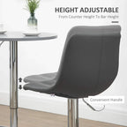 Grey adjustable bar stool with padded seat and back, PU leather look, handle and metal base
