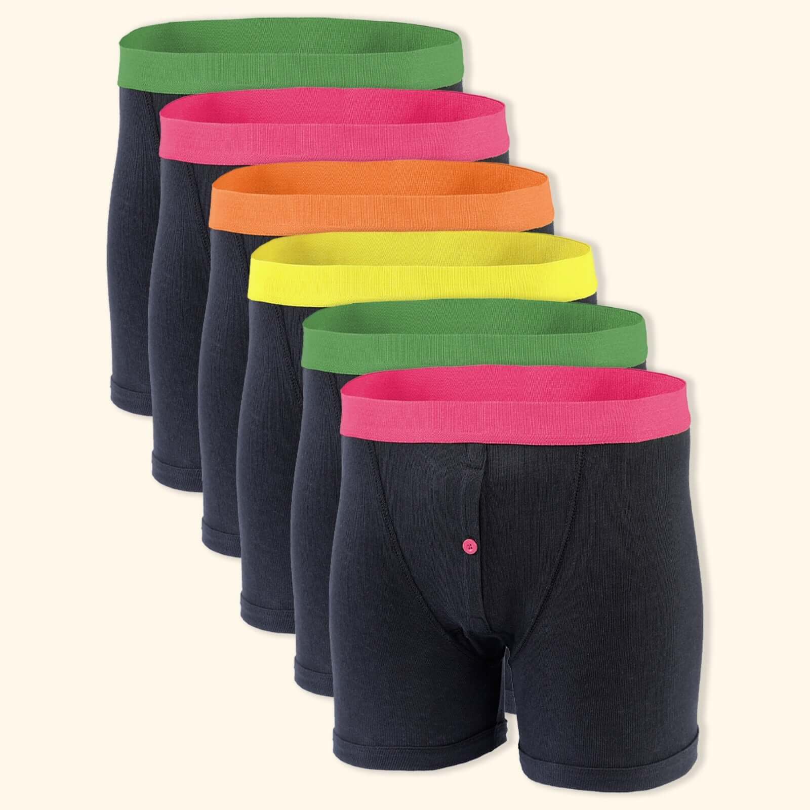 6 Pack Classic Menswear Black Cotton Blend Boxer Shorts Breathable Activewear Comfortable Stretch Colourful Waistband Durable Lightweight Button Fly Underwear MB08
