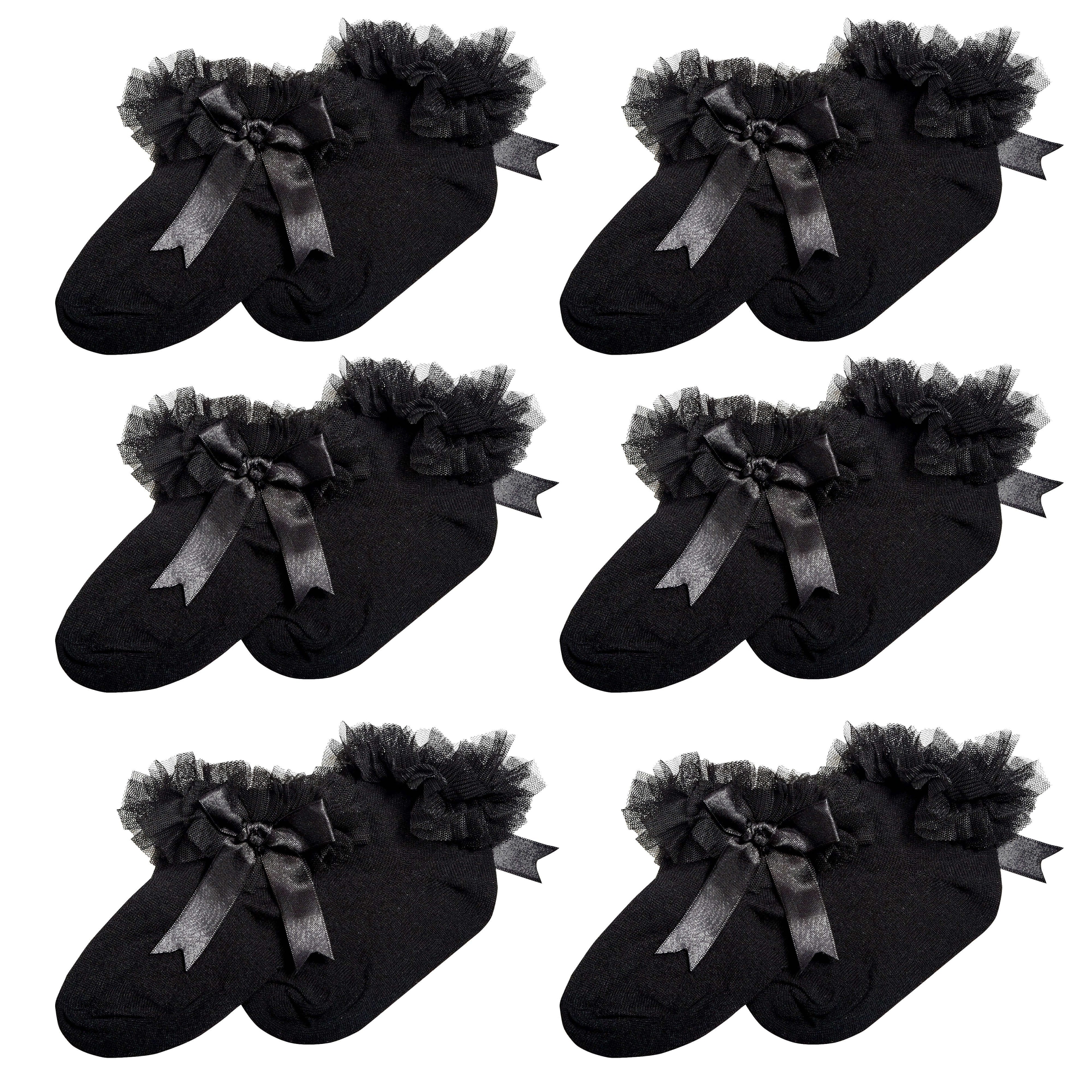 6 Pairs Black Girls Tutu Frilly Ankle Socks with Lace & Bow Super Soft Wedding Christening Sock