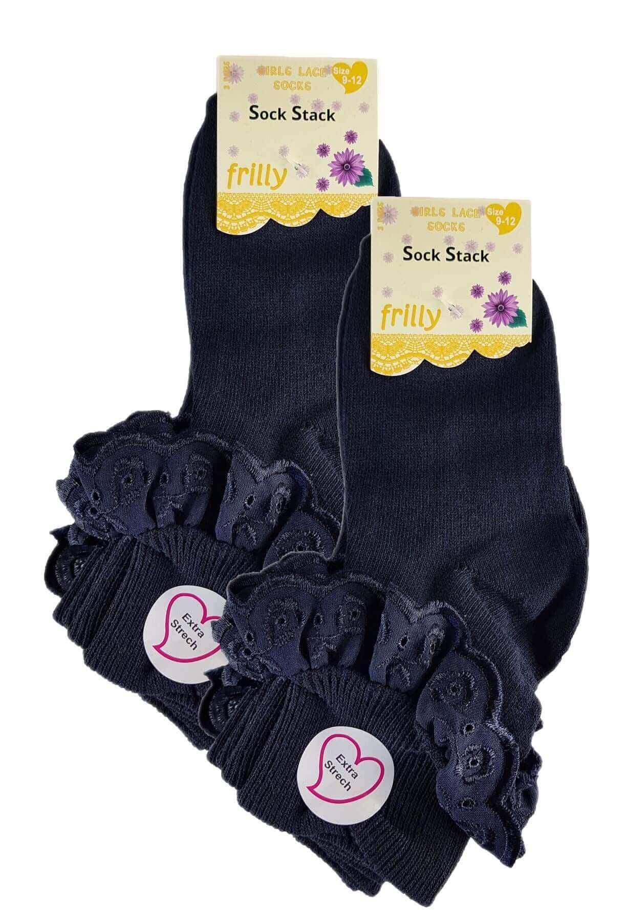 6-pairs-girls-cotton-rich-frilly-ankle-socks-durable-breathable-sculpted-heels-and-toes-multiple-sizes-and-colours-perfect-for-school-and-everyday-wear-by-sock-stack-navy-6-8-socks-11 - Bobobiy