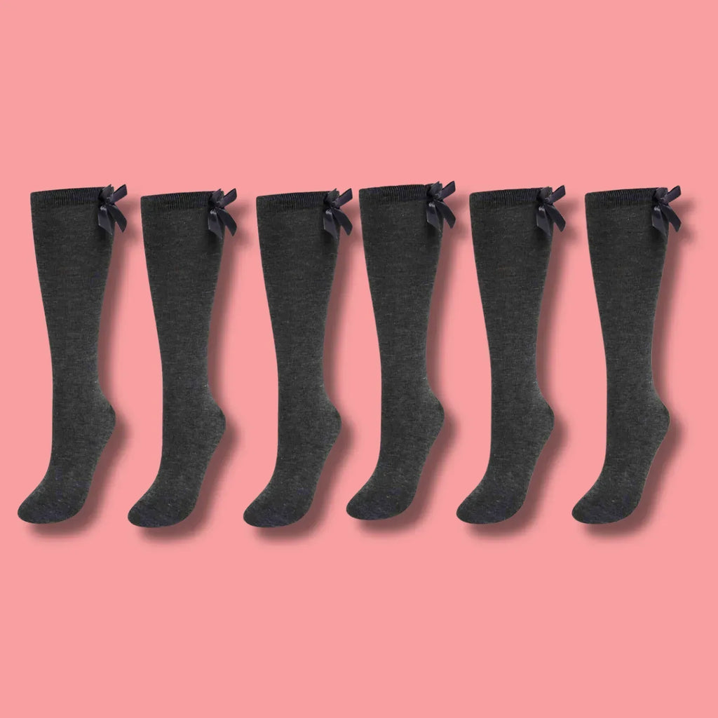 6-pairs-girls-knee-high-socks-with-ribbon-bows-back-to-school-cotton-rich-long-socks-stylish-comfortable-durable-for-uniforms-everyday-wear-ages-2-16-years-by-sock-stack-grey-9-12-soc - Bobobiy
