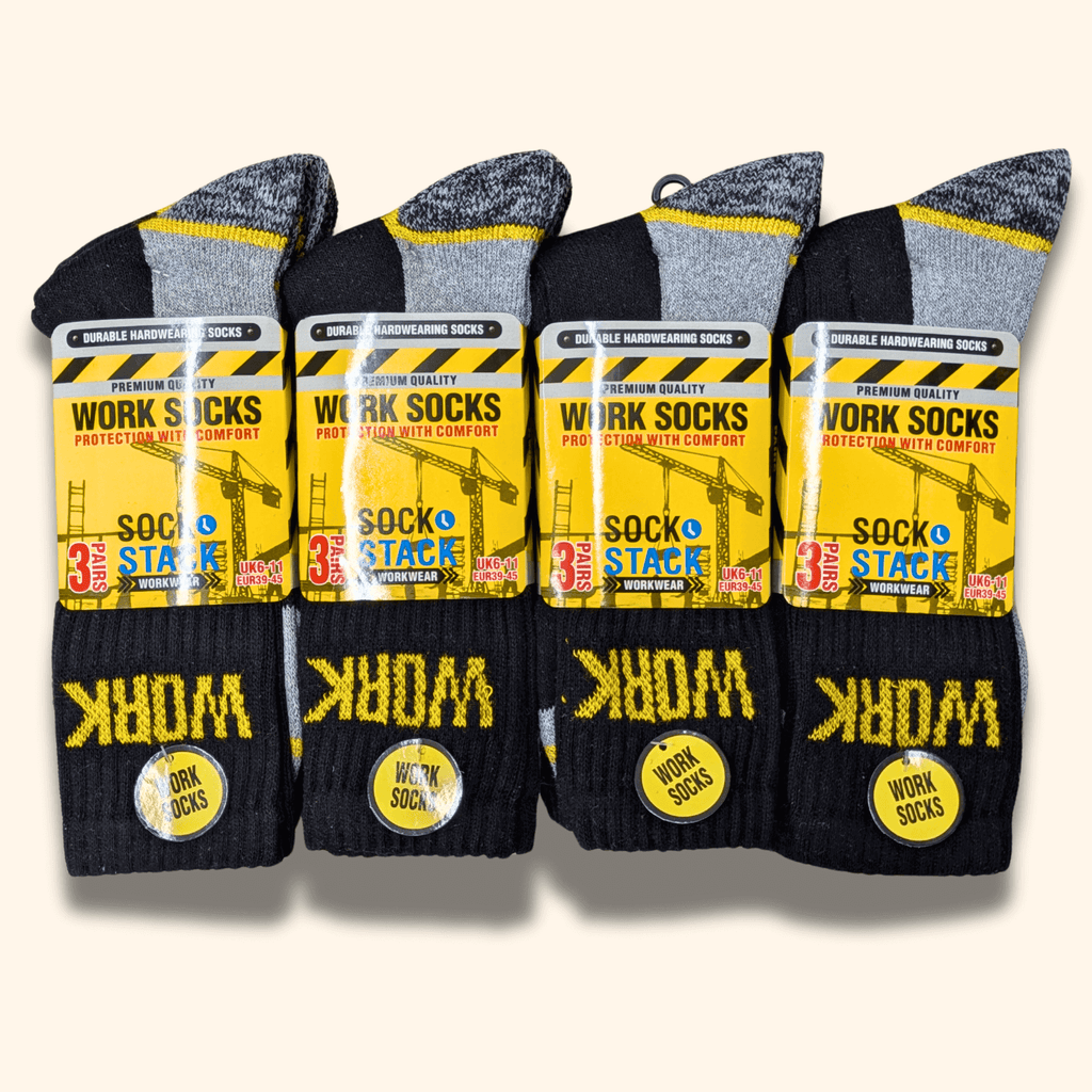 6 Pairs Mens Heavy Duty Work Socks Cushion Sole Reinforced Toe Heel Durable Black Boot Sock for Construction Outdoor Jobs Walking Sizes UK 6-11 EUR 39-45