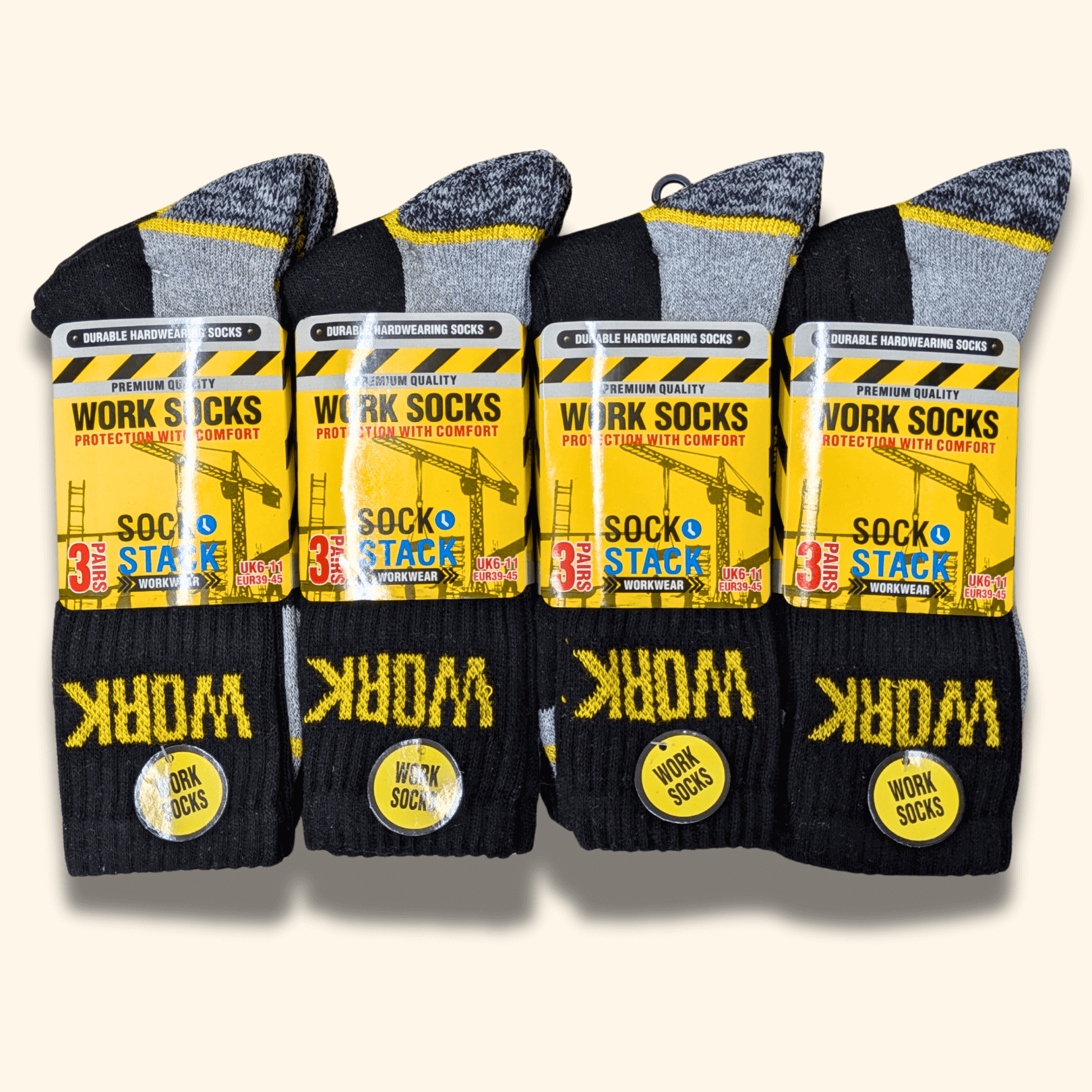 6 Pairs Mens Heavy Duty Work Socks Cushion Sole Reinforced Toe Heel Durable Black Boot Sock for Construction Outdoor Jobs Walking Sizes UK 6-11 EUR 39-45