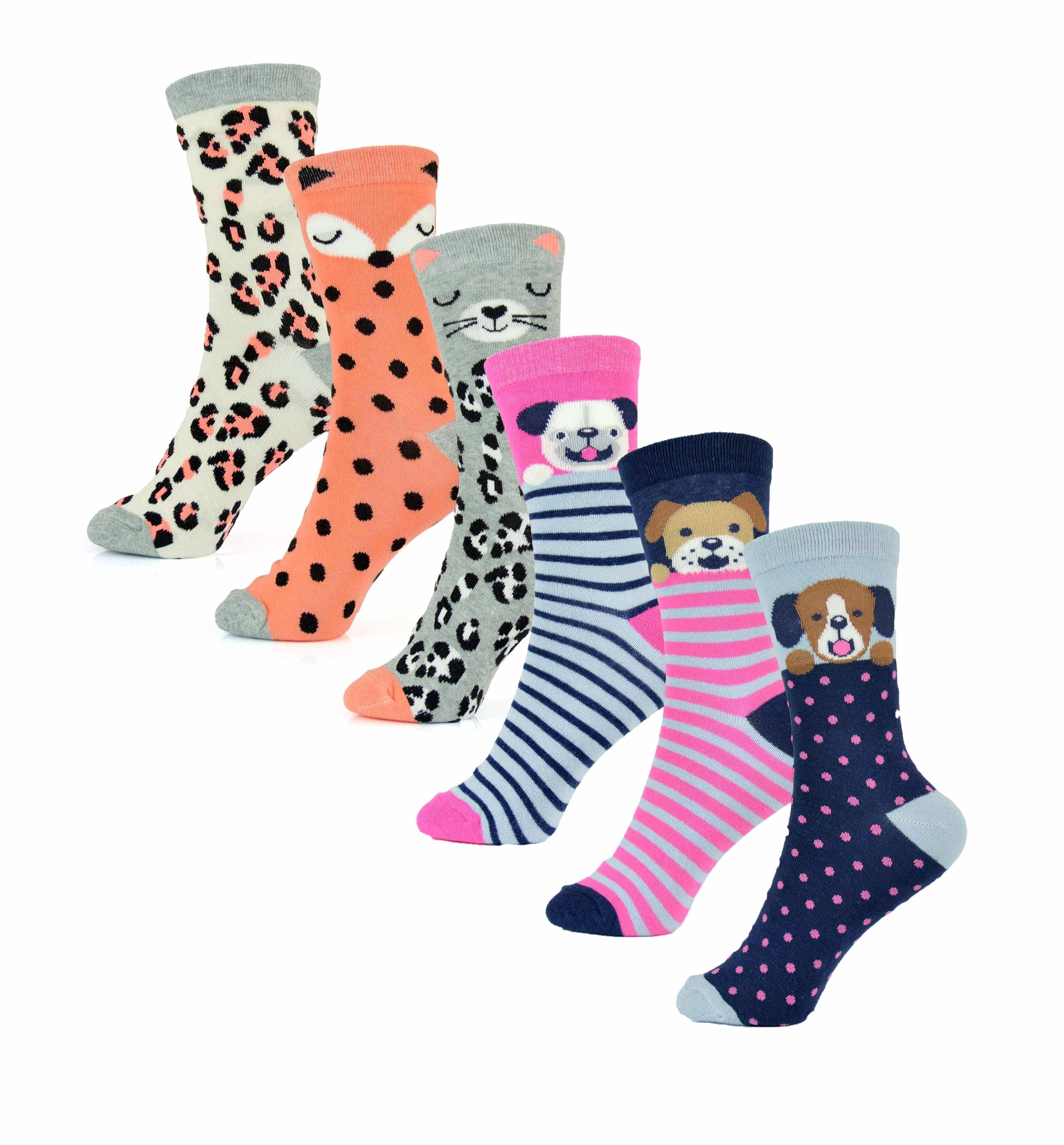 6-pairs-women-s-cotton-rich-socks-fun-designs-stripes-dots-leopard-fox-dog-cat-prints-uk-4-7-breathable-durable-by-sock-stack-animal-ss535-uk-4-7-socks-1176513937 - Bobobiy