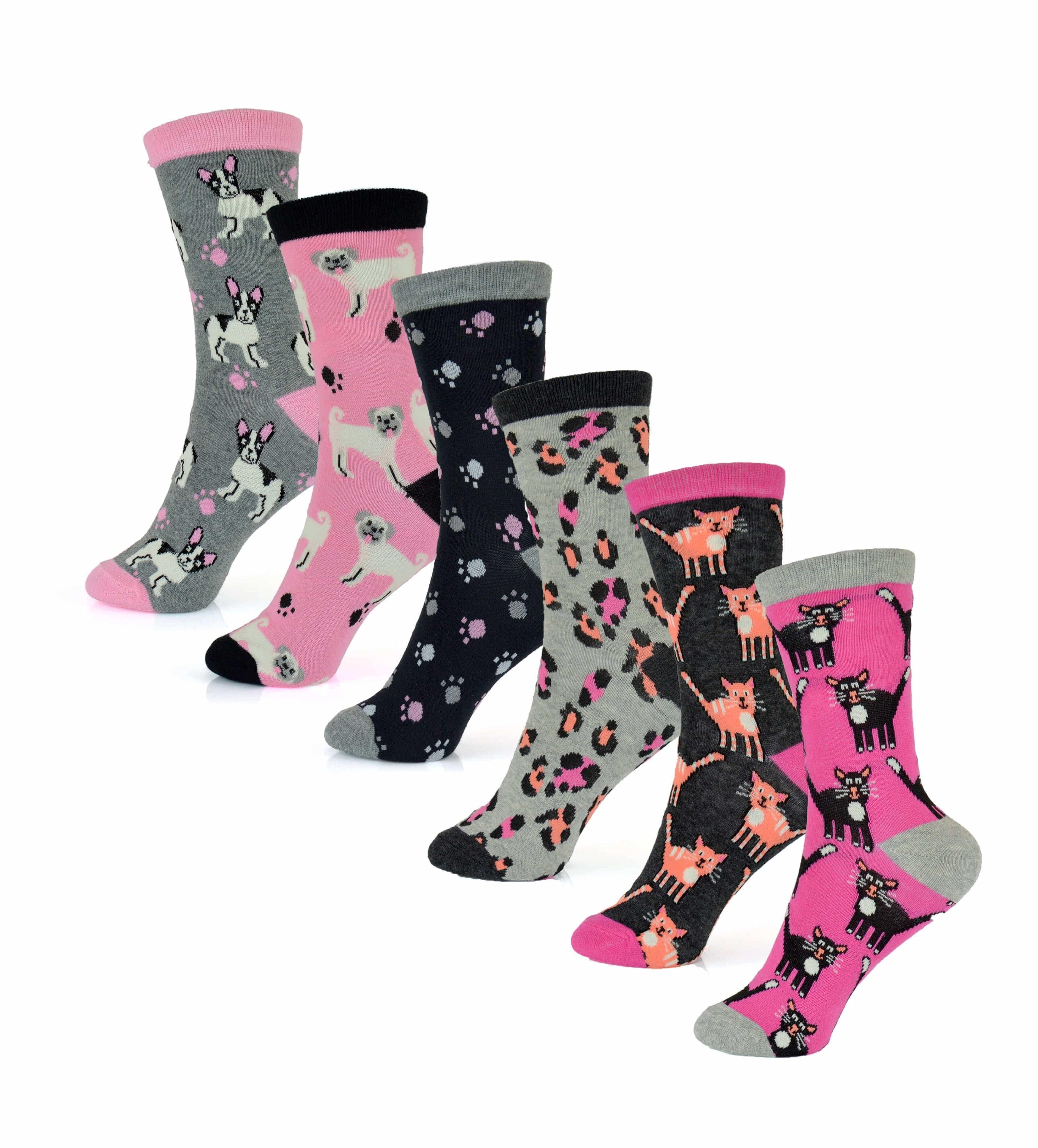 6-pairs-women-s-cotton-rich-socks-fun-designs-stripes-dots-leopard-fox-dog-cat-prints-uk-4-7-breathable-durable-by-sock-stack-animals-ss569-uk-4-7-socks-1176513931 - Bobobiy