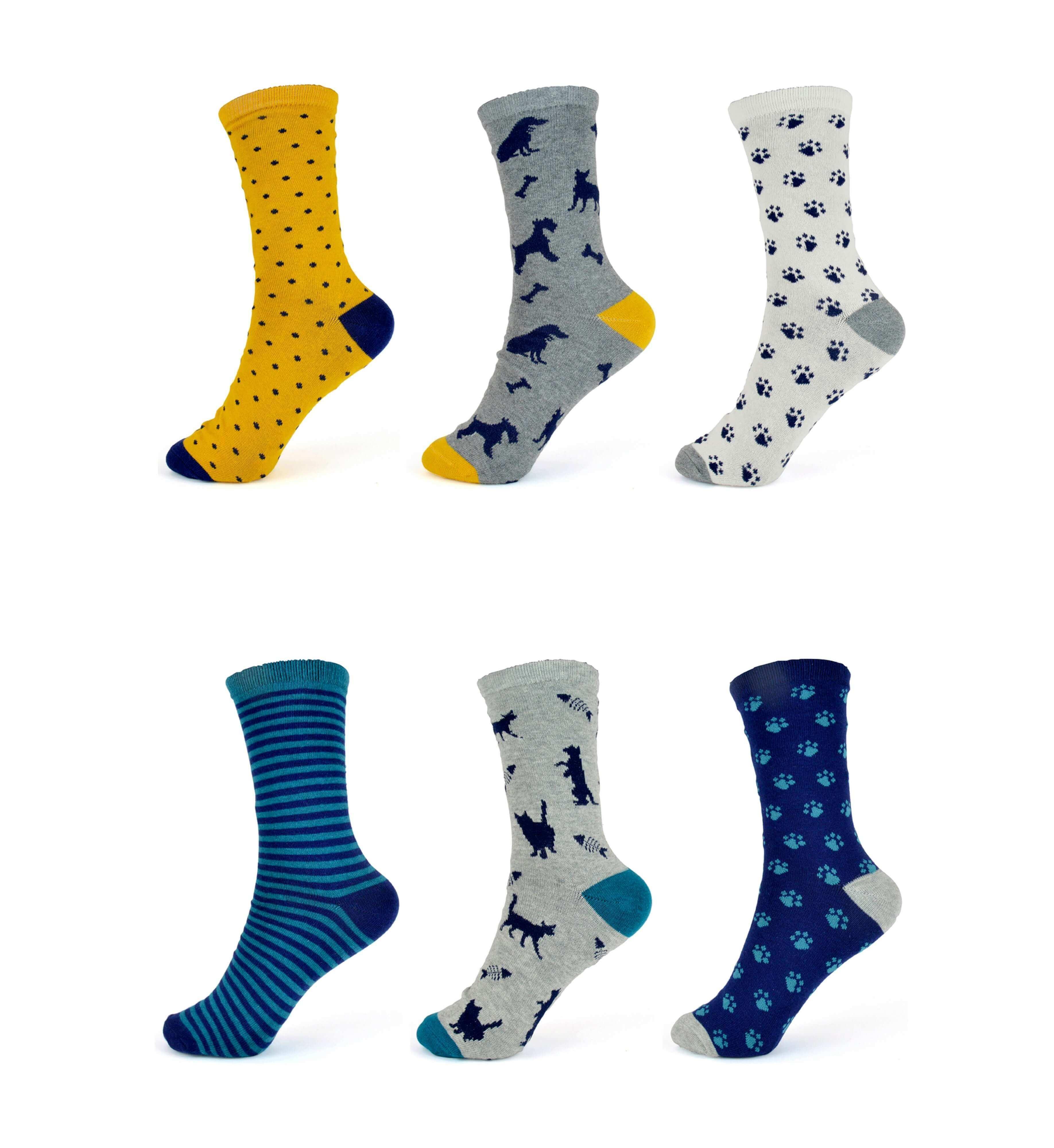 6-pairs-women-s-cotton-rich-socks-fun-designs-stripes-dots-leopard-fox-dog-cat-prints-uk-4-7-breathable-durable-by-sock-stack-cats-dogs-ss256-uk-4-7-socks-1176513923 - Bobobiy