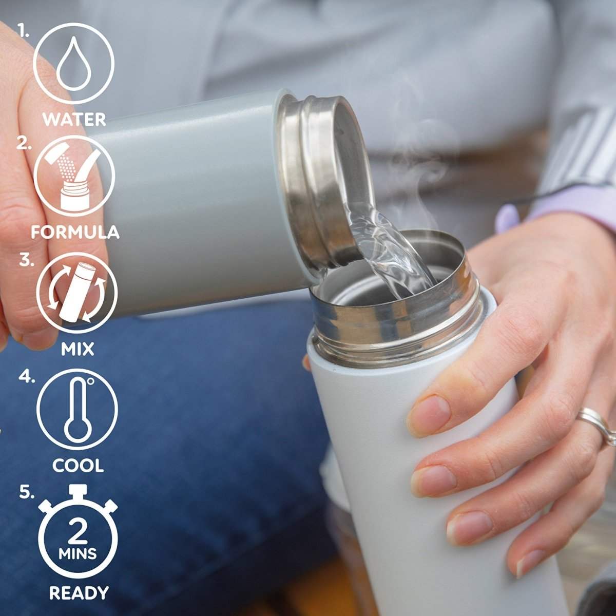 Pouring liquid from insulated bottle into a mixing cup for formula