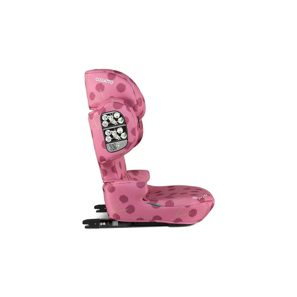 Cherry Pie patterned child car seat rear-side view with seat belt guides and base rails