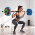 Barbell with multicolour weight plates and black bar for strength training