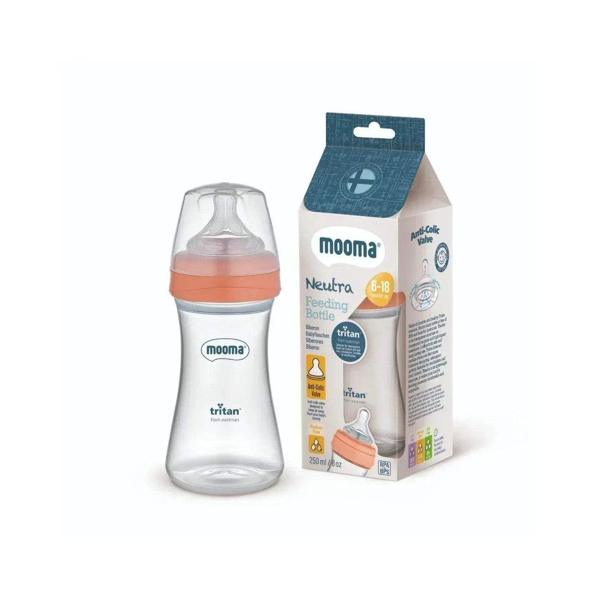 Tritan baby feeding bottle with coral pink vented nipple and matching retail box, 250ml