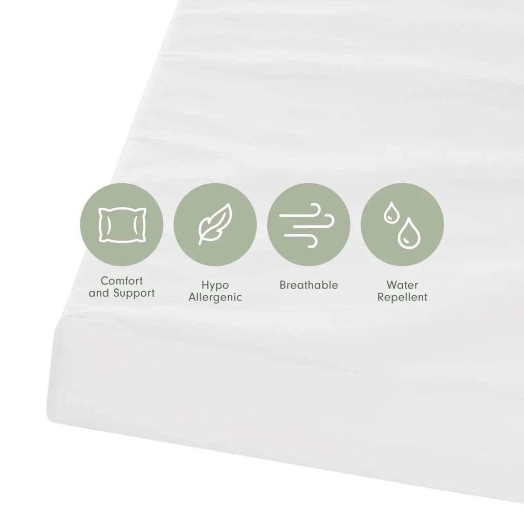 Cot bed mattress, white, comfort support, hypoallergenic, breathable, water repellent