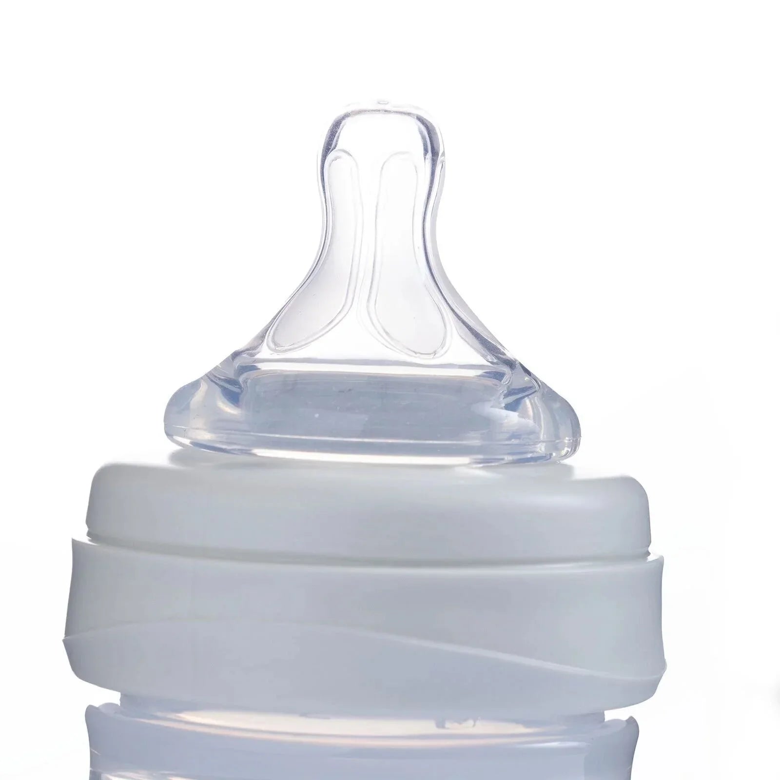 Clear fast-flow bottle teat with protective collar, close-up