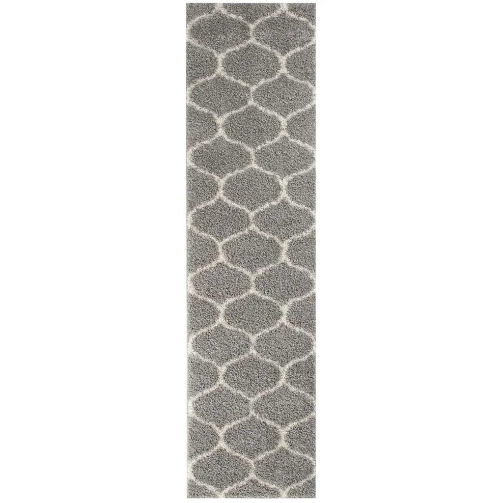 Grey shaggy Moroccan rug sample with light quatrefoil pattern