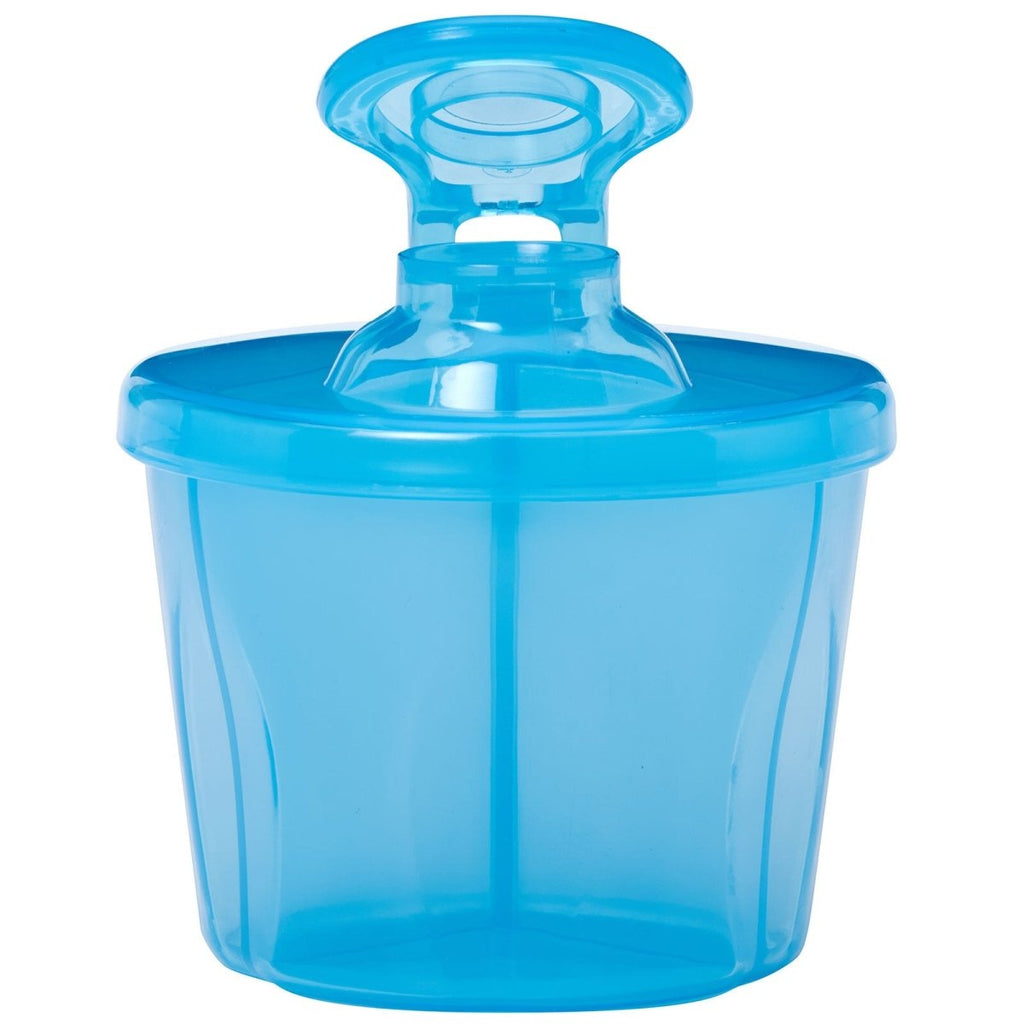 Blue milk powder dispenser with open flip lid and circular top housing