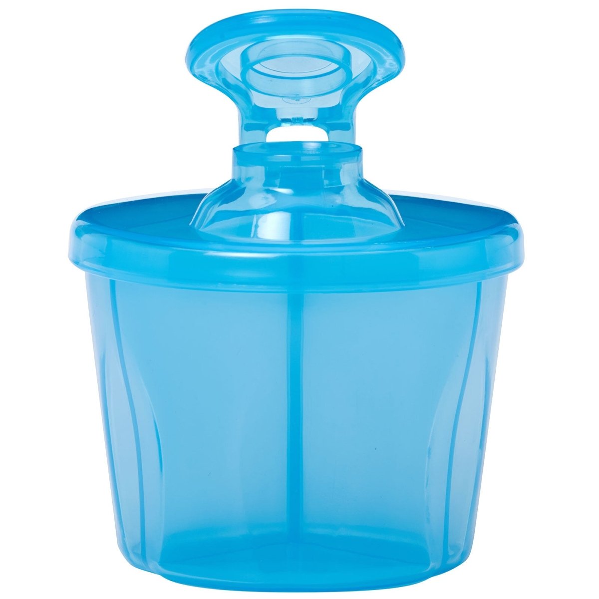 Blue milk powder dispenser with open flip lid and circular top housing