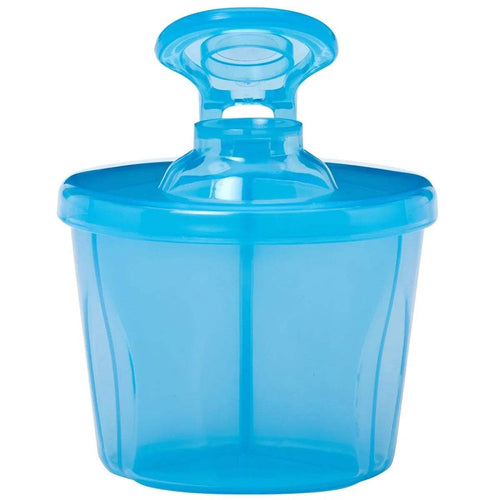 Blue milk powder dispenser with open flip lid and circular top housing