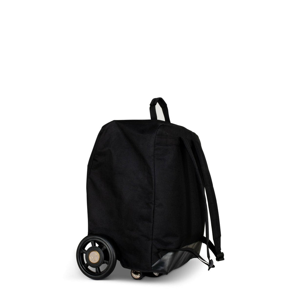Black stroller bag on wheels with side pull straps and bottom buckle detail
