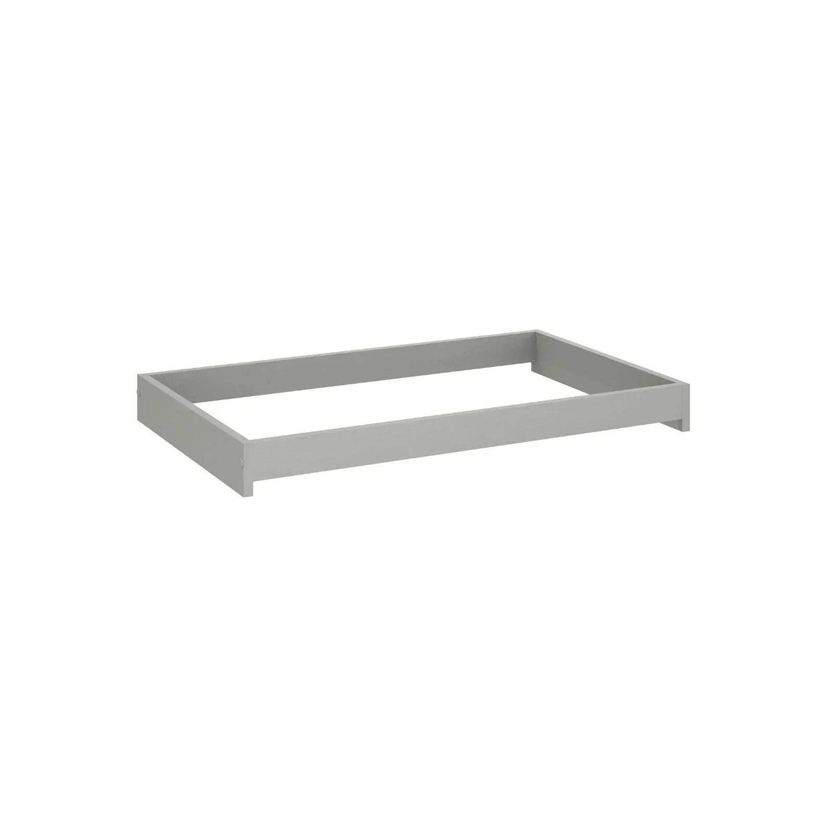 Grey changing unit base frame with raised side rails and open storage tray