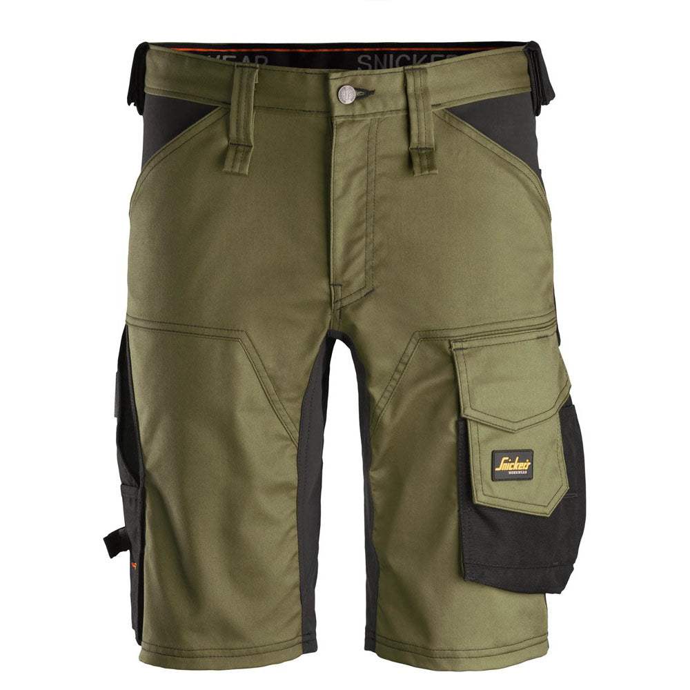 Snickers 6143 stretch work shorts, olive/khaki with black pocket panels and belt loops