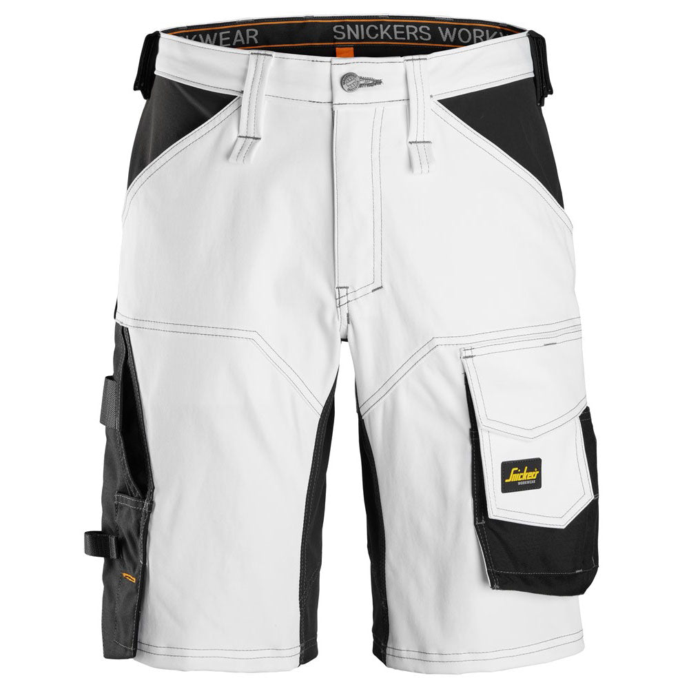 Snickers allround work shorts, white with black cargo pocket, loose fit and bartack details