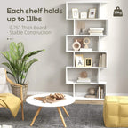 White 6-tier bookshelf with open storage shelves holding books and decorative accents
