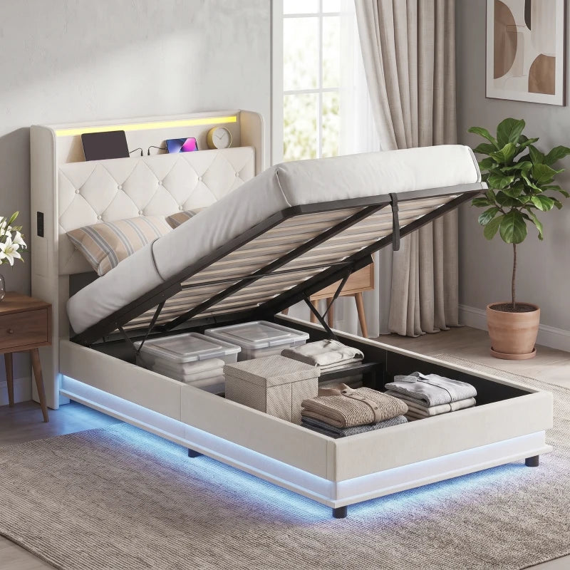 Cream single bed frame with tufted headboard and open hydraulic storage, blue LED glow
