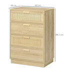 Wood-effect rattan drawer chest, four drawers with woven cane-style panel fronts