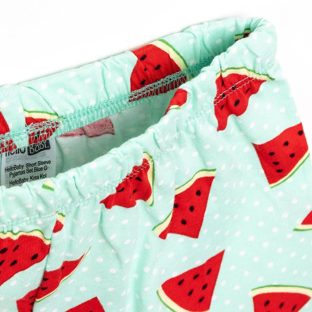 Mint pajama waistband and side seam with red watermelon print, elastic pull-on style