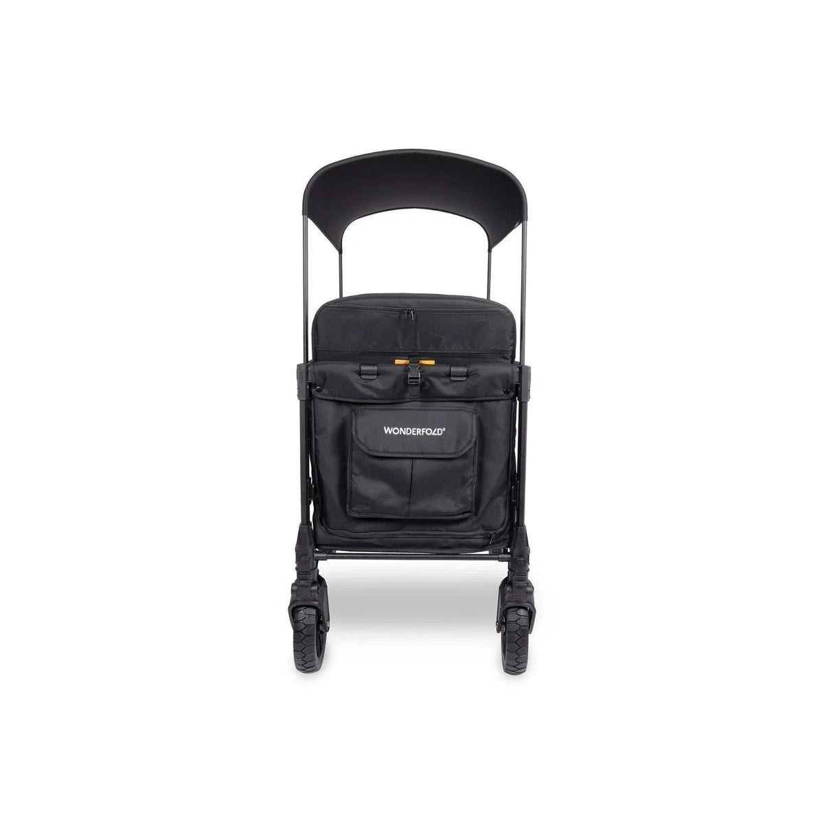 Black stroller wagon rear view with canopy and front storage panel