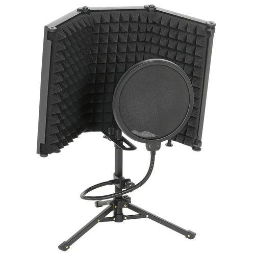 Foldable microphone isolation shield with black foam panels, pop filter, and tripod stand