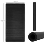 Black exercise mat measuring 200 x 100 cm with rolled side detail