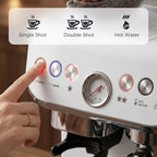 White control panel with single shot, double shot, and hot water buttons