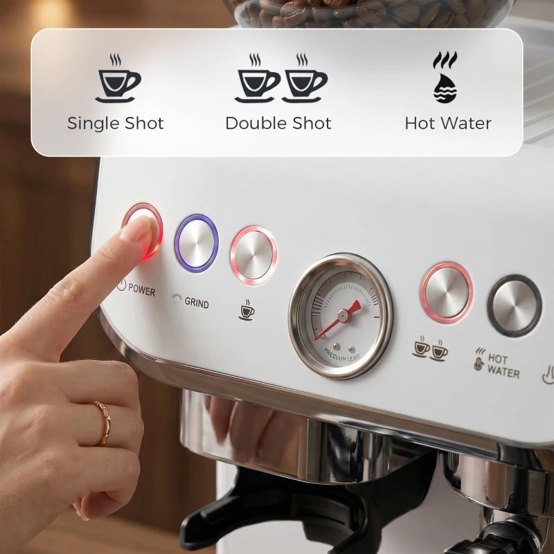 White control panel with single shot, double shot, and hot water buttons