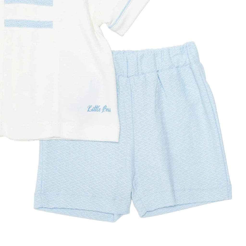 Bebetto Boys T-shirt & Shorts Set Snap Fastening Little Boss Shirt Collar Short Length Short Sleeve - Blue