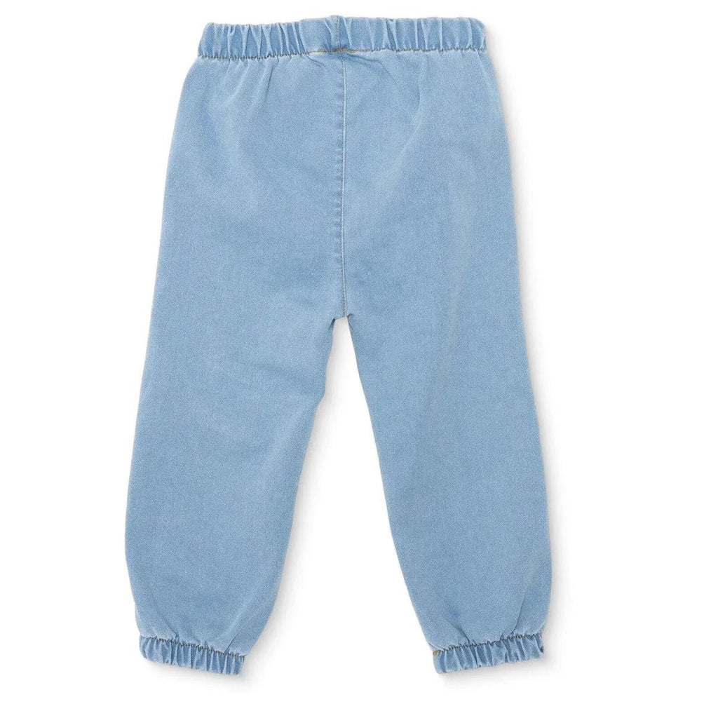 Light blue denim baby trousers, back view, elasticated hem cuffs