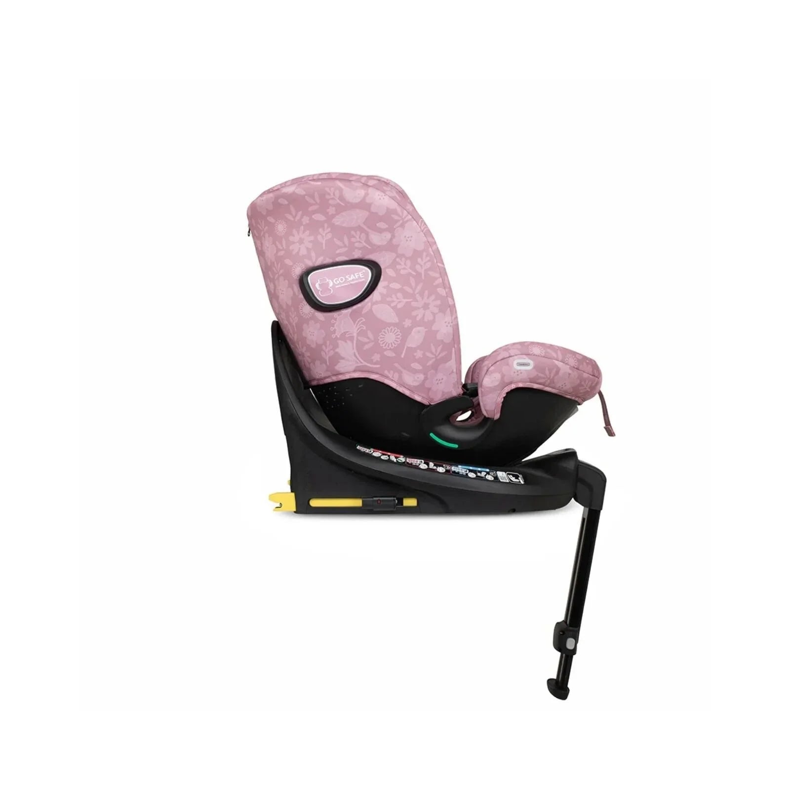 Light pink patterned car seat with headrest, padded insert, and black base