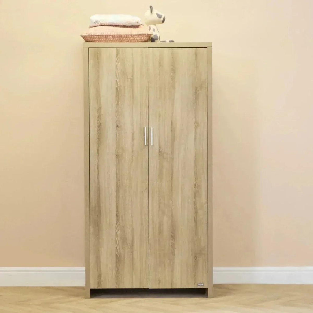 Oak wardrobe with two doors and silver bar handles, light wood finish