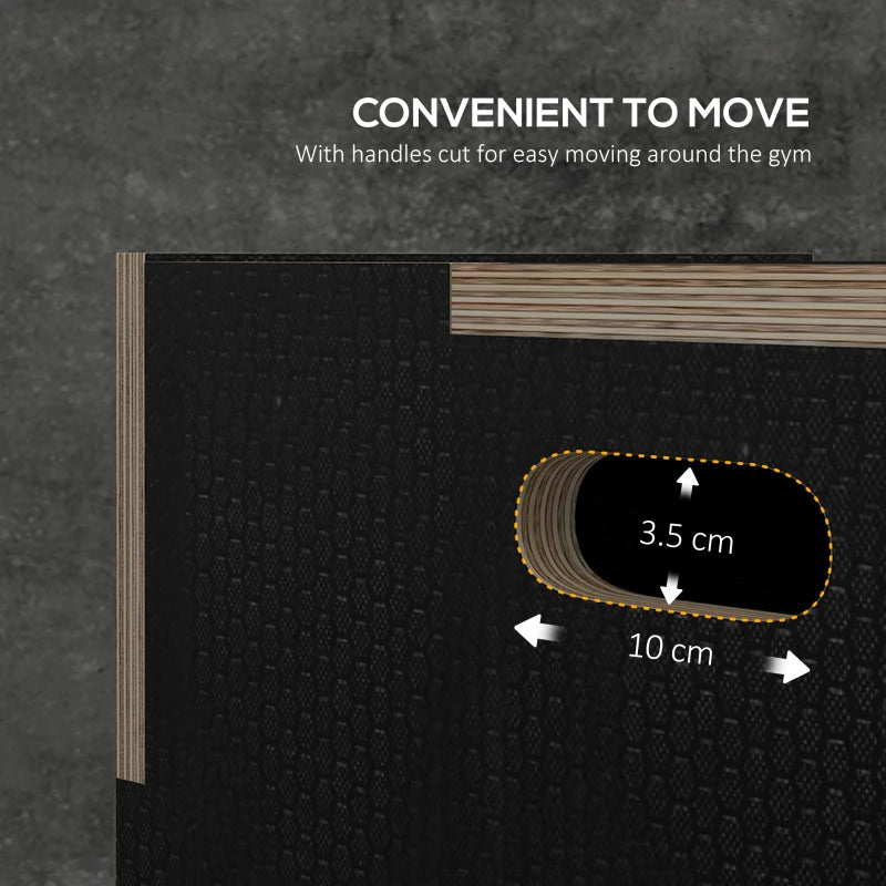 Black wooden jump box with cutout handles and stacked height adjustment slots