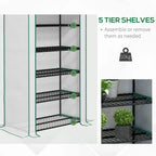 Mini greenhouse with black wire shelves and base rack, front corner detail