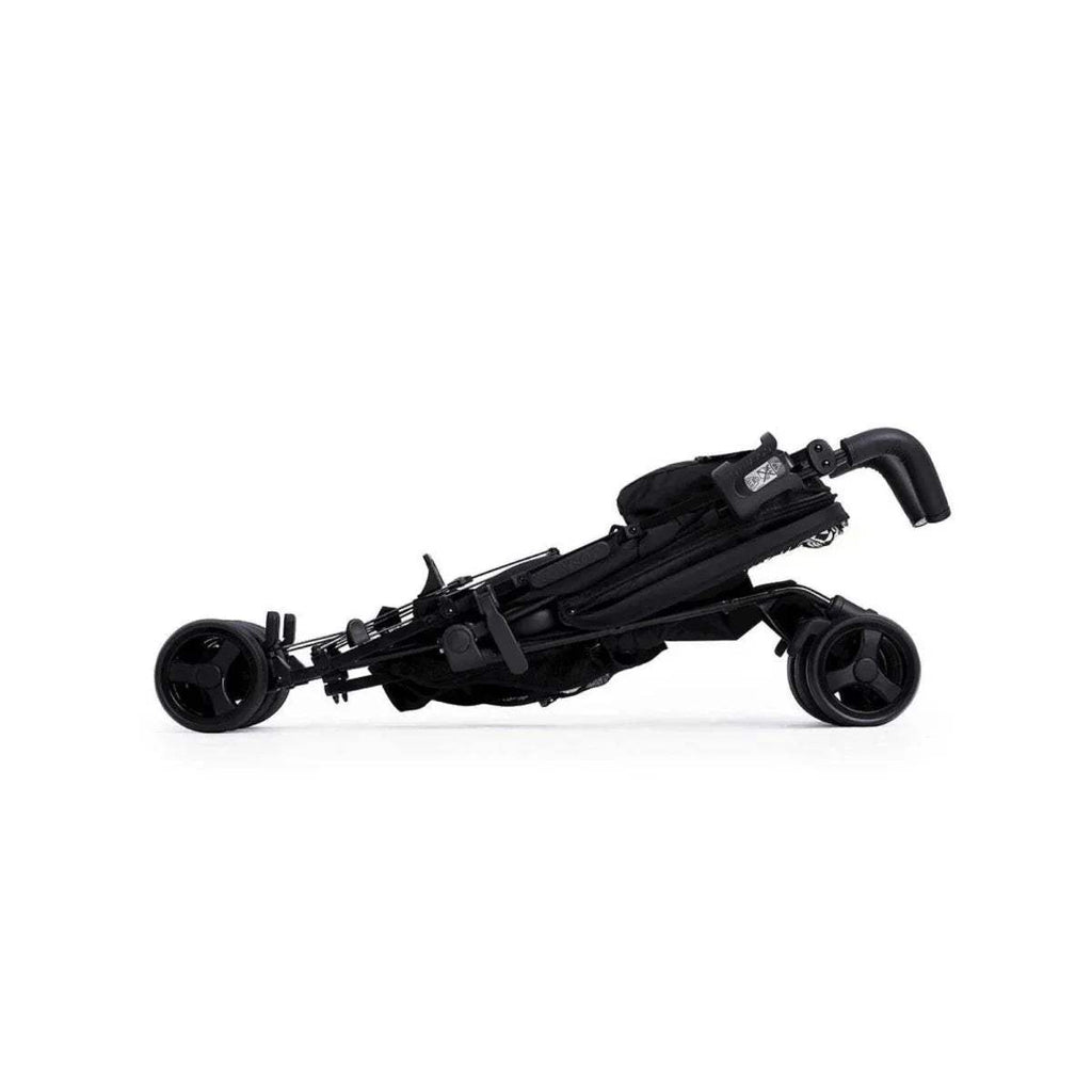 Black stroller chassis with wheels folded out, side profile view
