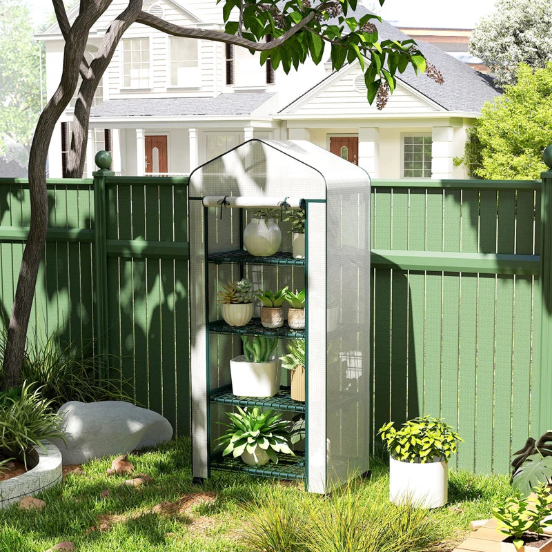 White 4-tier mini greenhouse with clear PE cover and stacked plants on metal shelves