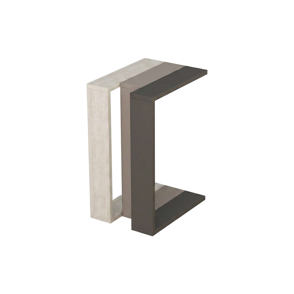 Two-tone C-shaped side table in light wood and dark graphite finish