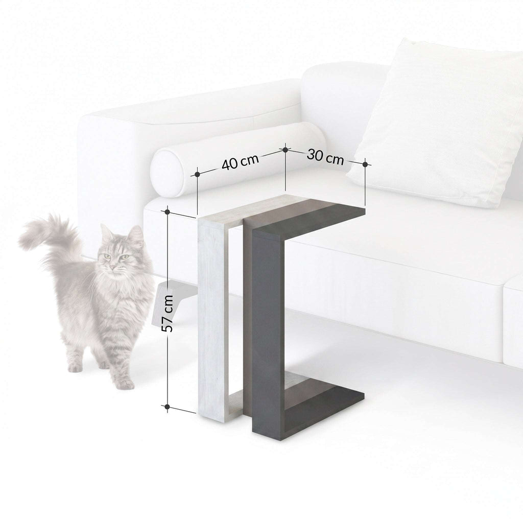 White C-shaped side table with size dimensions shown on a couch layout