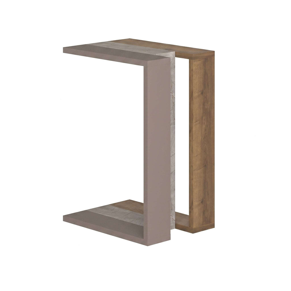 C-shaped modern side table with light wood frame and dark gray legs