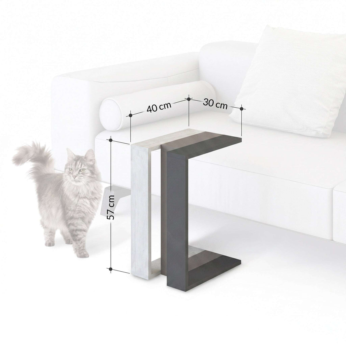 C-shape side table next to sofa, light wood top with dark gray base