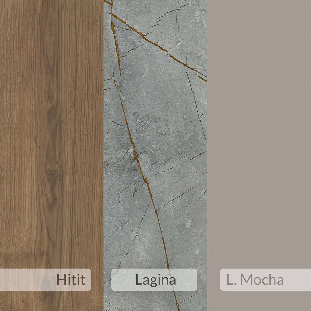 Table color sample panel showing light wood and cool gray marble finish