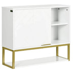 White bathroom wall cabinet with hinged door and open interior shelves, gold-toned frame